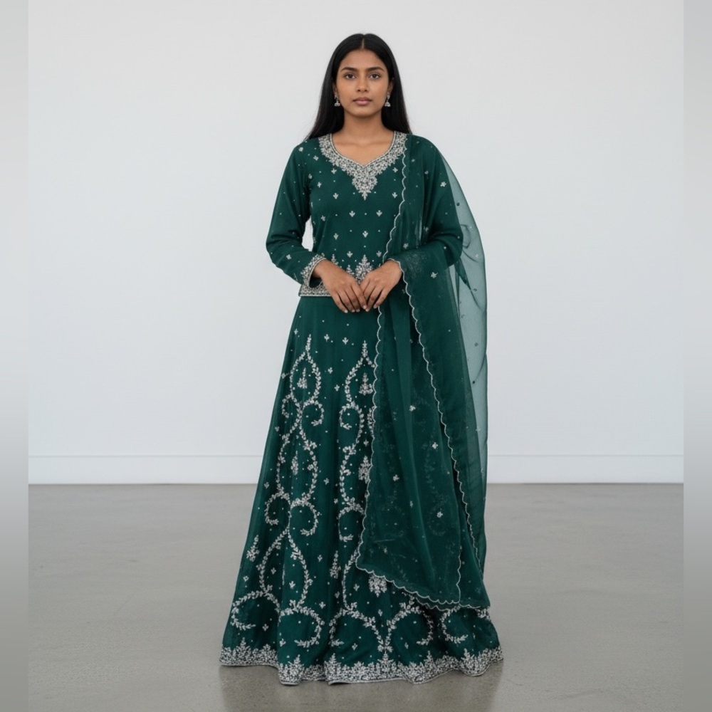 Ethenic Traditional/Wedding/Party Embroidery Worked 3 Piece Women Dark Green